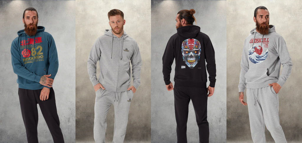 4 models presenting Oldskull Hoodies, Joggers and Zip-Hoodies